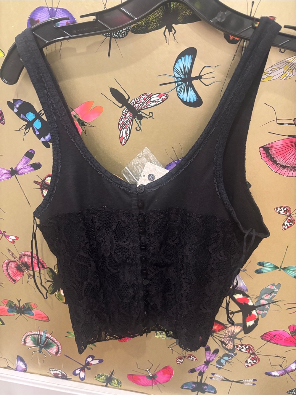 Free People Black Lace Button-Front Crop Tank - m
